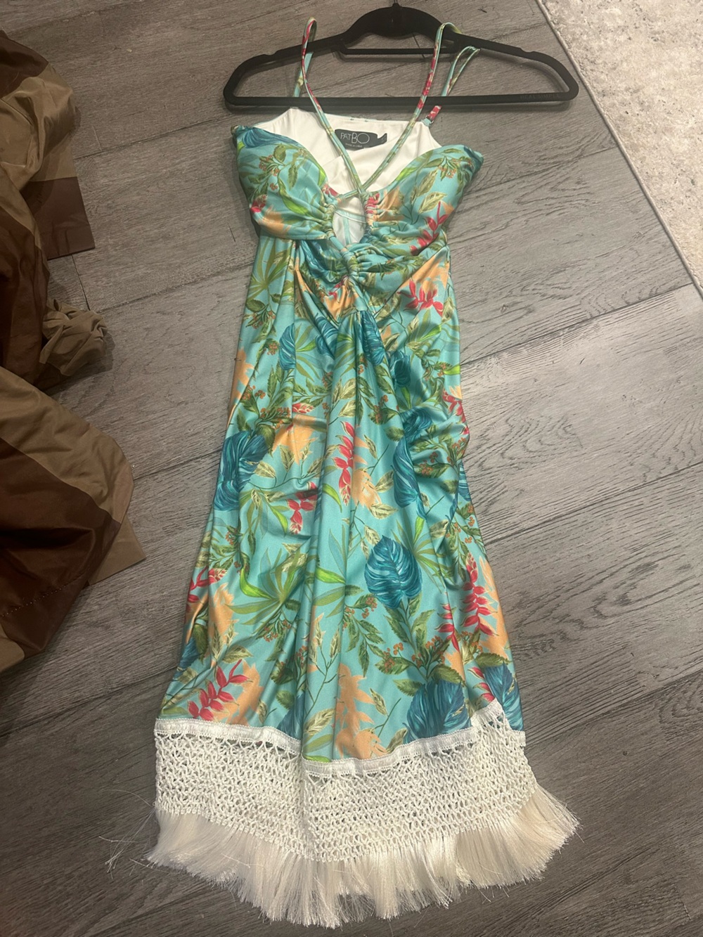 PatBO Aqua Tropical-Print Midi Dress with White Fringe